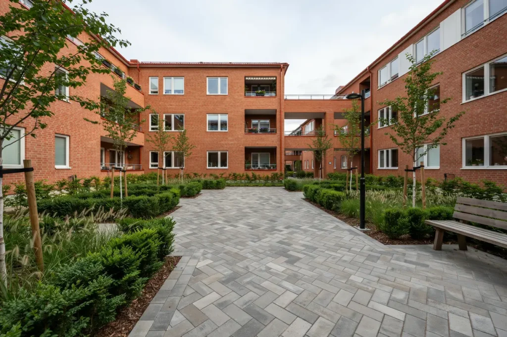 renoverad innerg rd med marksten och planteringsytor i barkarby